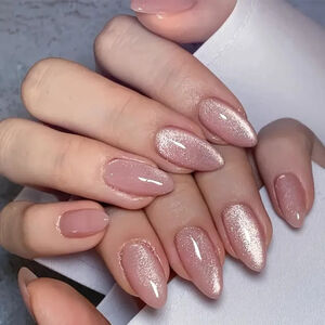 Nude Almond Press On Nails Medium Length Glossy Cat Eye Fake Nail Set 30pcs